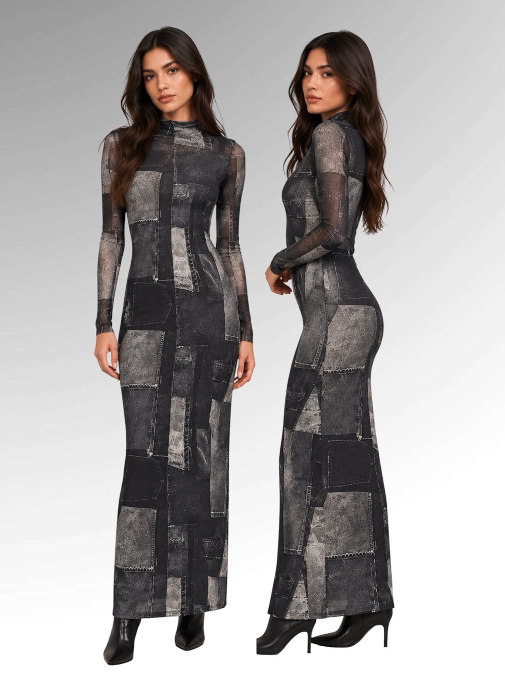 ZARA Denim Print Mesh Maxi Dress S Patchwork Trompe L’Oeil Y2K Bodycon